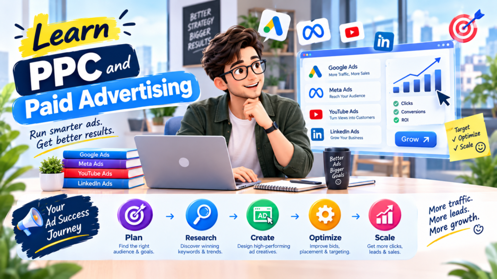 Learn PPC and paid advertising with visuals of ad platforms, campaign analytics, targeting, optimization, and growth.