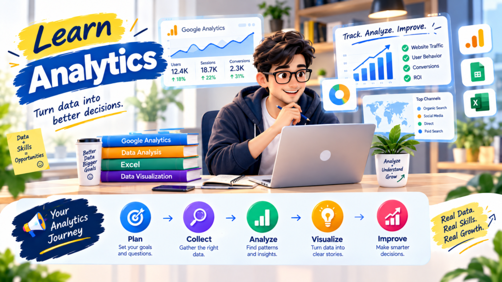 Learn analytics with data dashboards, charts, Google Analytics, data analysis, visualization, and performance insights.