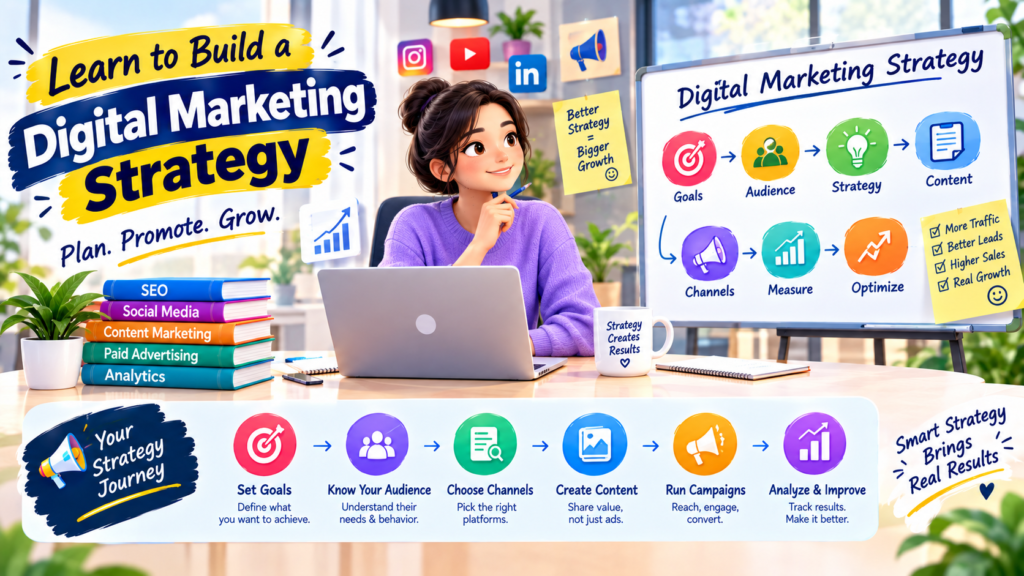 Digital marketing strategy infographic showing goals, audience, content, marketing channels, campaigns, analytics, and optimization with a woman working on a laptop.