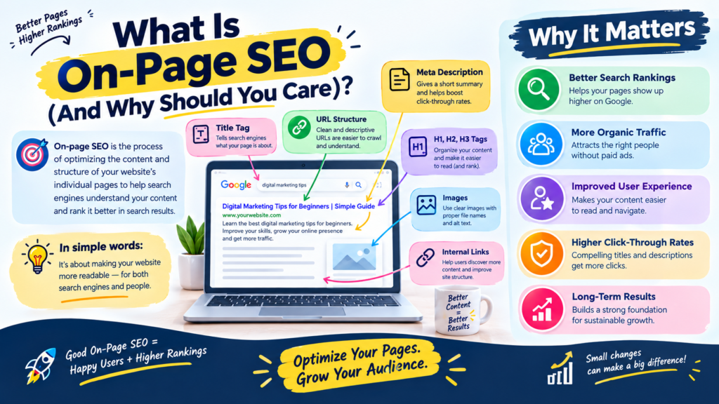 Infographic explaining what on-page SEO is, featuring a laptop search-result example and key elements such as title tags, URL structure, meta descriptions, heading tags, images, and internal links, alongside benefits including higher rankings, organic traffic, better user experience, and improved click-through rates.