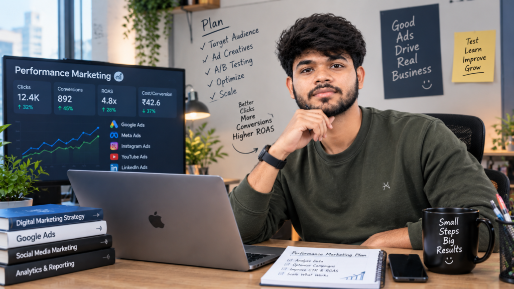 Young performance marketer working at a desk with a laptop, campaign analytics dashboard, advertising platforms, and a performance marketing strategy checklist in a modern office.
