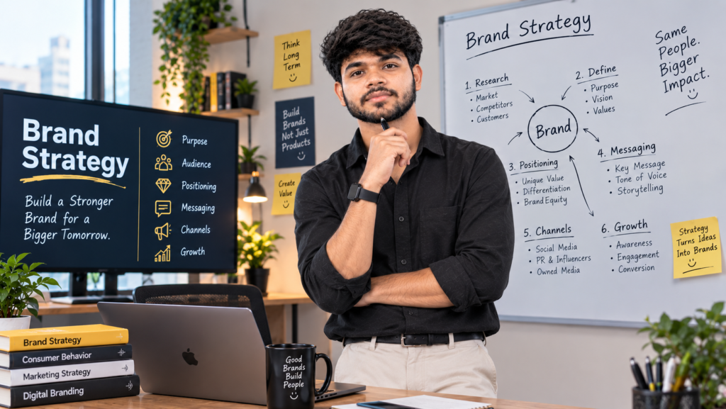 A young South Asian man stands thoughtfully in a modern creative office, wearing a black shirt and beige trousers while holding a pen near his chin. Behind him, a whiteboard outlines a brand strategy covering research, purpose, positioning, messaging, channels, and growth, alongside a laptop, monitor, books, plants, and sticky notes.