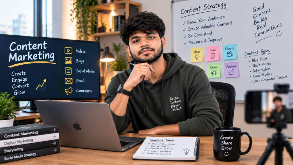 A young South Asian man in an olive hoodie sits thoughtfully at a desk in a modern creative workspace, holding a pen near his chin. A monitor displays “Content Marketing,” while a whiteboard behind him outlines content strategy, audience, content types, and workflow. A laptop, notebook, books, camera, plant, and coffee mug complete the marketing-focused scene.