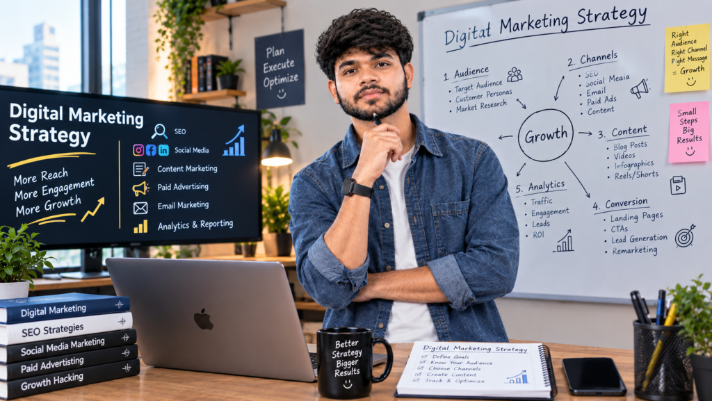 A young South Asian man wearing a blue denim shirt over a white T-shirt stands thoughtfully in a modern marketing workspace, holding a pen near his chin. Behind him, a monitor and whiteboard present a digital marketing strategy covering SEO, social media, content marketing, paid advertising, email marketing, analytics, audience, conversion, and growth. A laptop, books, notebook, mug, and smartphone sit on the desk.