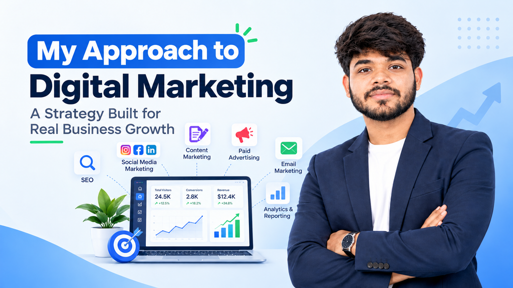 A clean blue-and-white digital marketing banner features a young South Asian man in a navy blazer and white T-shirt standing with folded arms on the right. The left side reads “My Approach to Digital Marketing” and “A Strategy Built for Real Business Growth,” surrounded by icons for SEO, social media, content marketing, paid advertising, email marketing, and analytics, with a laptop displaying marketing performance charts below.