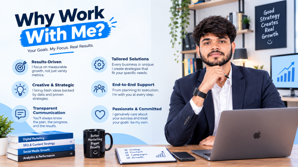 A professional digital marketing banner titled “Why Work With Me?” featuring a young South Asian man in a navy blazer and white shirt seated at a desk with a laptop. The design highlights results-driven strategy, creative thinking, transparent communication, tailored solutions, end-to-end support, and commitment, with marketing books, a notebook, coffee mug, plants, and a growth chart in the background.