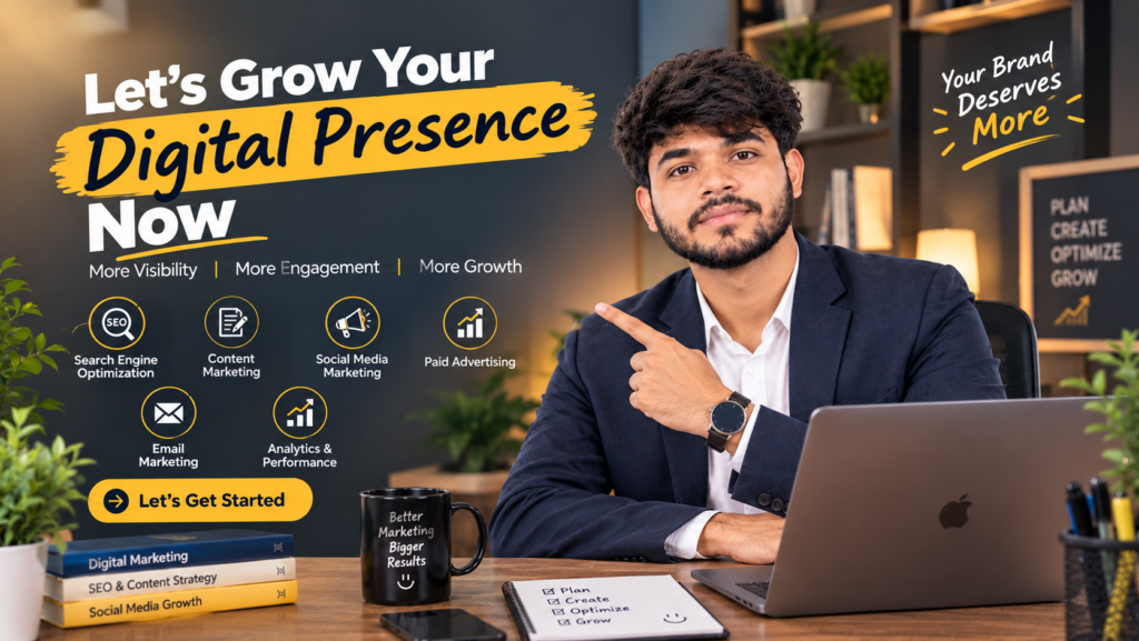 A professional digital marketing banner titled “Let’s Grow Your Digital Presence Now,” featuring a young South Asian man in a navy blazer and white shirt seated at a desk and pointing toward the marketing message. The dark, warm-toned design highlights SEO, content marketing, social media marketing, paid advertising, email marketing, and analytics, with a laptop, marketing books, coffee mug, notebook, plants, and a “Let’s Get Started” call-to-action.