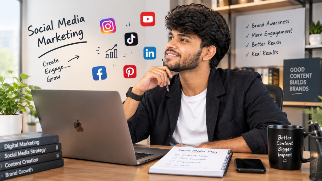 Young digital marketer planning social media content at a desk with a laptop, social media icons, and a strategy checklist in a modern office.