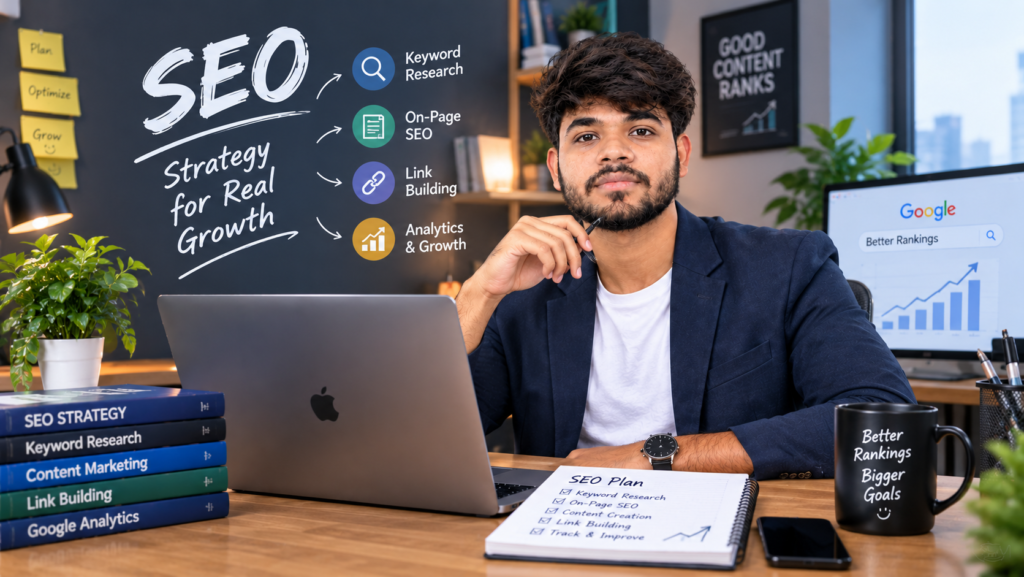 Digital marketer working on SEO strategy at a desk with a laptop, SEO planning notes, keyword research, link building, analytics, and search ranking visuals in a modern office.